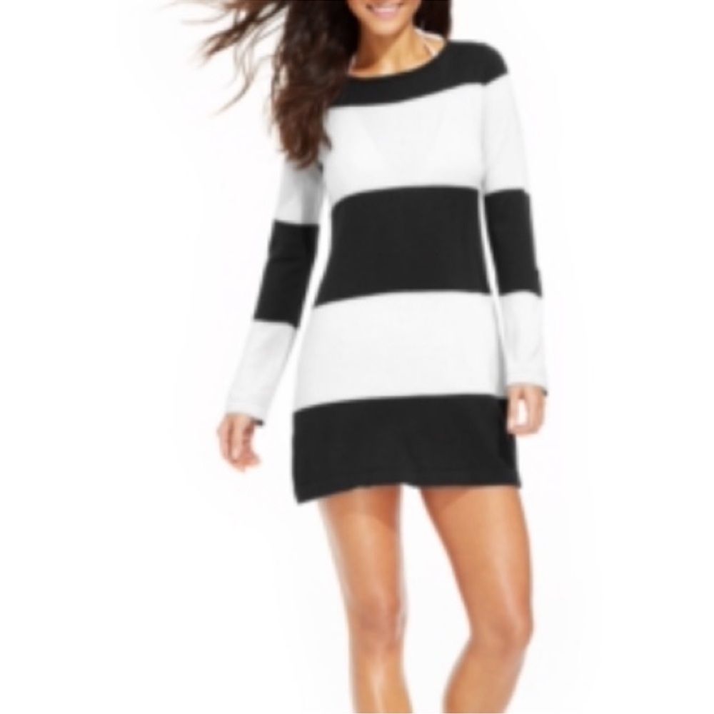 Tommy Bahama Striped Black‎ and White Long-Sleeve Shift Beach sweater Dress Sz L